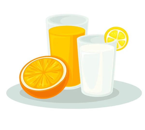 Leche de vidrio y zumo de naranja — Vector de stock