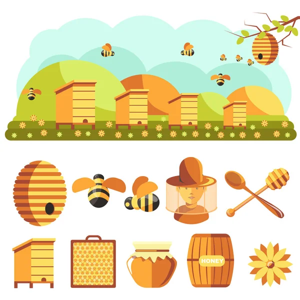 Conjunto de iconos de apicultura: miel, abeja — Vector de stock