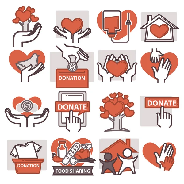 Icone donazione e volontariato — Vettoriale Stock
