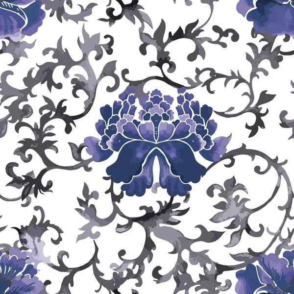 Seamless chinese pattern. Watercolor style wallpaper with floral ornament . — Stock Vector