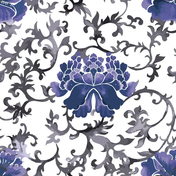 Padrão chinês sem costura. Papel de parede estilo aquarela com ornamento floral  . — Vetor de Stock