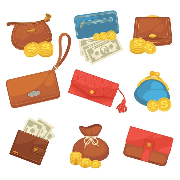 Iconos conjunto de billeteras con compras de dinero . — Vector de stock