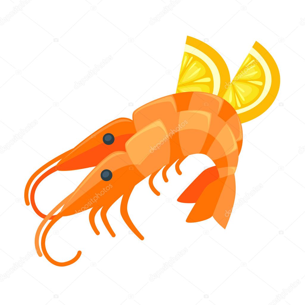 Shrimp with lemon in cartoon style.
