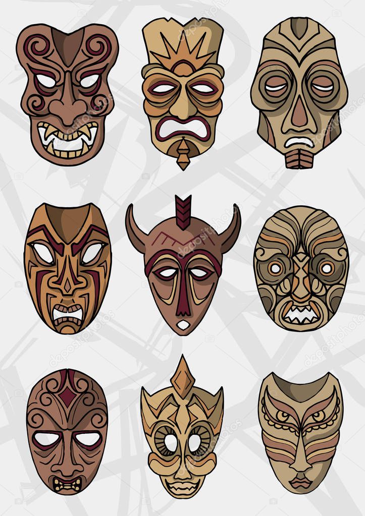 Set of Wooden ethnic or ceremonial masks 
