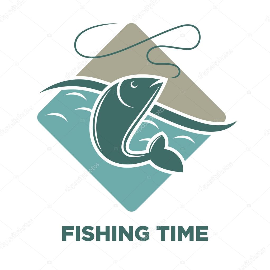 Fishing time logo template. Fish catch on rod hook vector icon for fishery industry or fisherman club and fisher sport adventure or seafood market or store