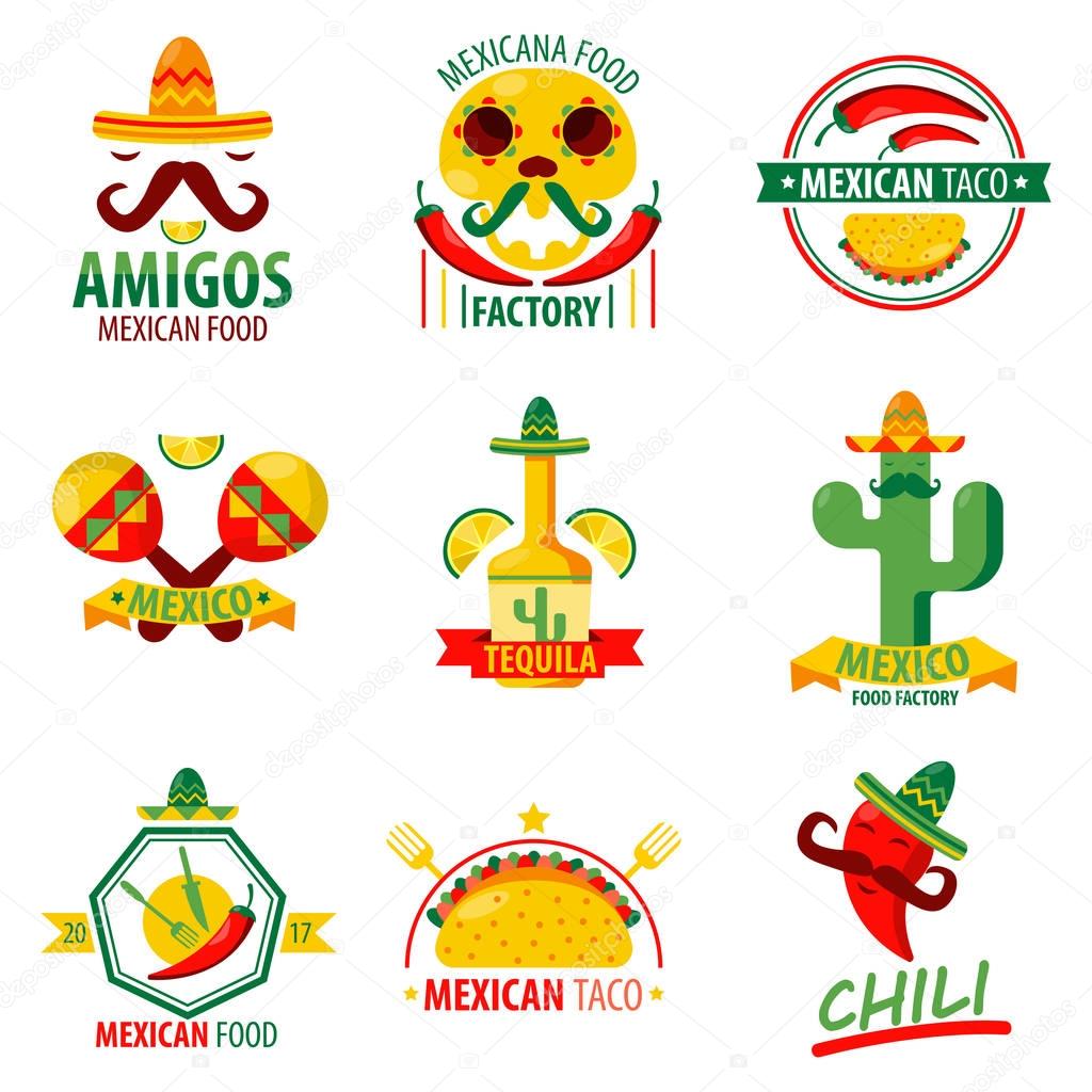 Mexican food and drinks logo emblems vector poster on white. Collection of mexican ethnic cuisine colorful labels. Menu elements with fast food meal, red chilli, green cactus, tequila beverage
