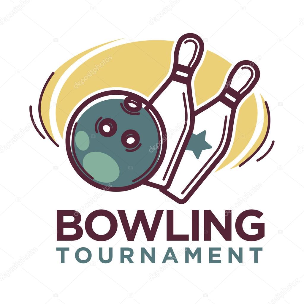 Bowling tournament poster or logo vector template of ball and skittle pins strike for sport game contest