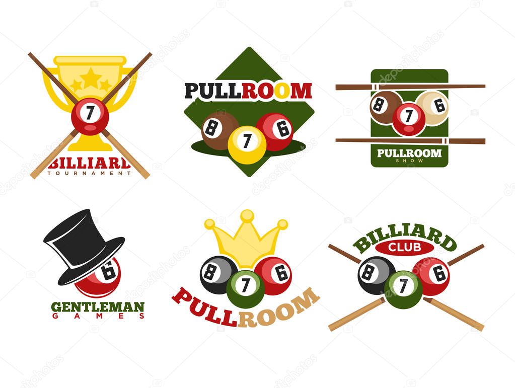 Pool or billiards vector icons or templates set of cues and balls for poolroom game club contest. Emblems or logos for championship tournament wih champion winner cup award and victory crown