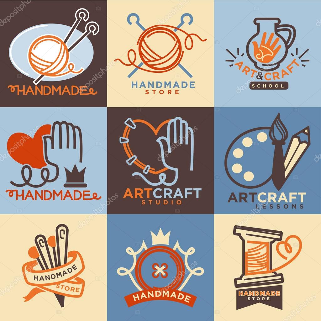 Art and handmade craft logo templates flat set. Vector posters for artist studio or painter shop, knitting needlework and tailoring school and pottery workshop with charity concept