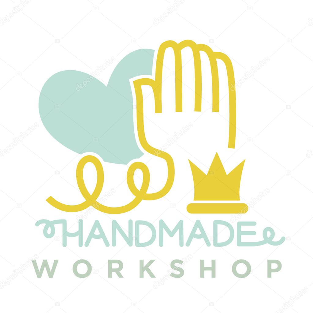 Hand from thread near blue heart logo emblem of handmade workshop and inscription below. Vector illustration of art craft classes in flat design on white. Talent for handmade concept on label.