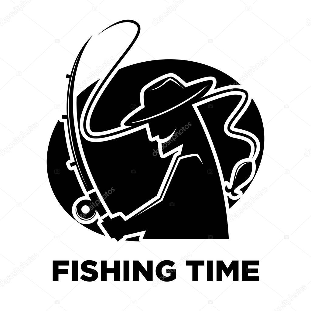 Fishing time icon for fisherman club or fishery sport resort logo template. Fisher man catching with fish rod. Vector black silhouette illustration