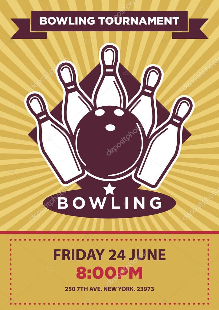 Bowling tournament poster template. Sport game contest event invitation sign or banner. Vector balls and skittle pins strike