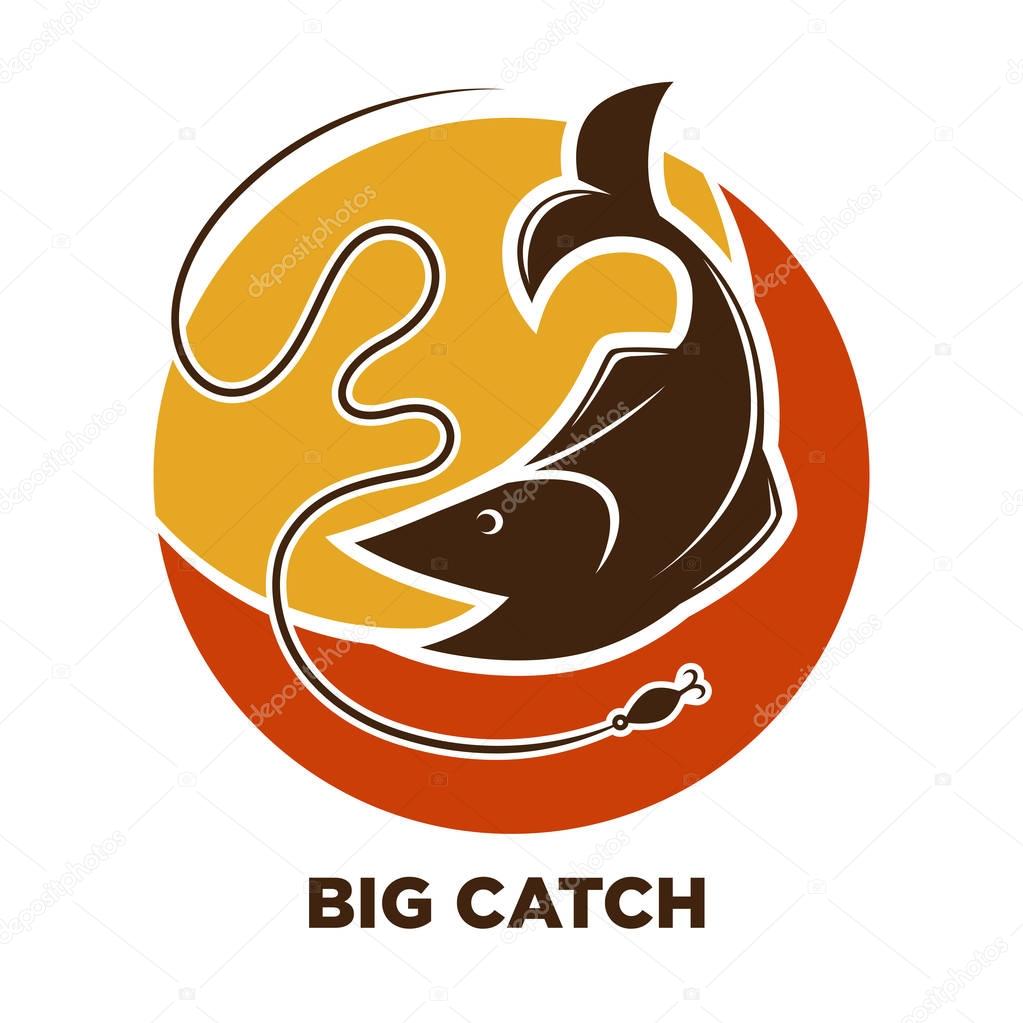 Fishing icon or logo template. Big fish catch on hook of rod. Fishery industry or fisherman club and fisher sport adventure vector symbol for seafood market or store
