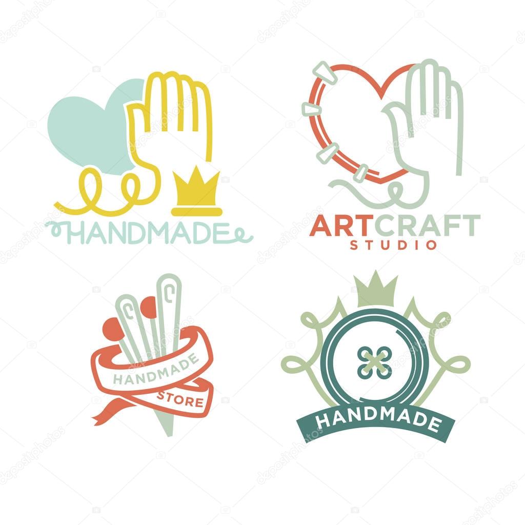 Art and handmade craft logo templates flat set. Vector posters for artist studio or painter shop, knitting needlework and tailoring school and pottery workshop with charity concept