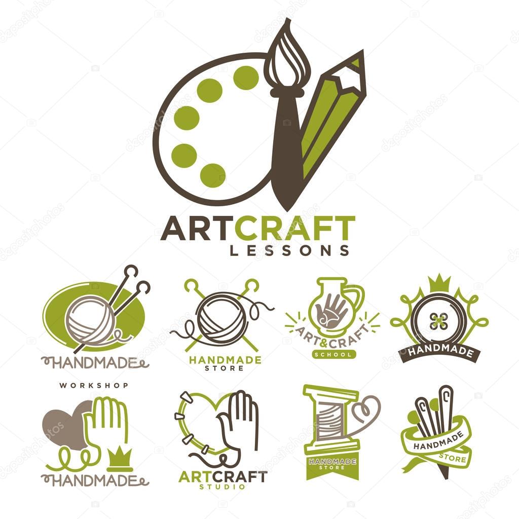 Art and handmade craft logo templates flat set. Vector posters for artist studio or painter shop, knitting needlework and tailoring school and pottery workshop with charity concept