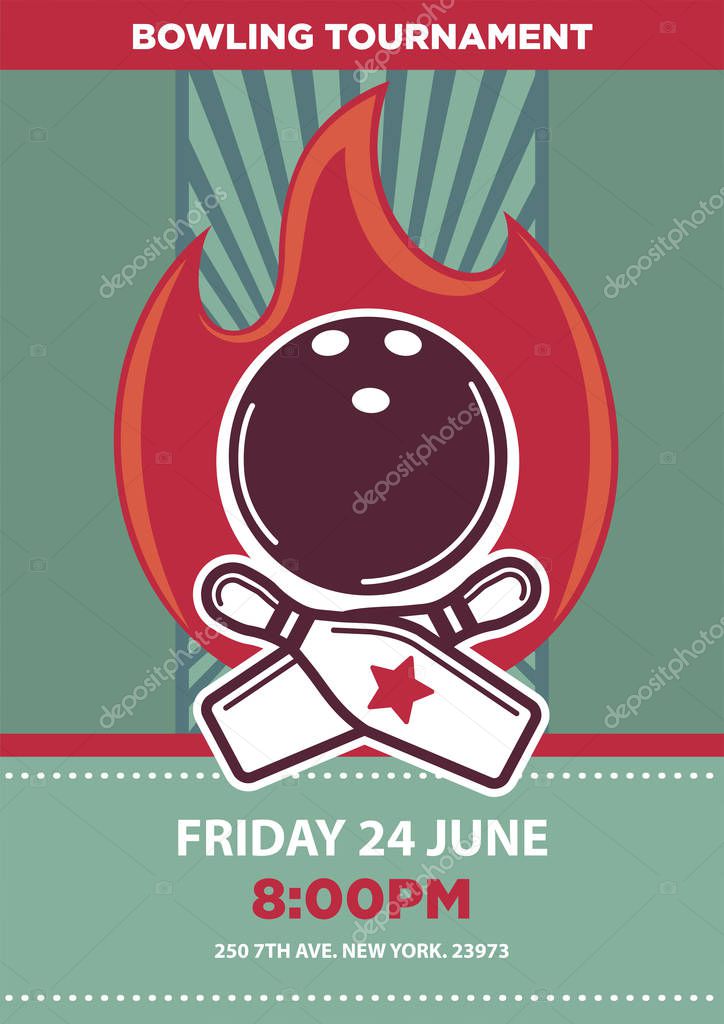 Bowling tournament poster template. Sport game contest event invitation sign or banner. Vector balls and skittle pins strike