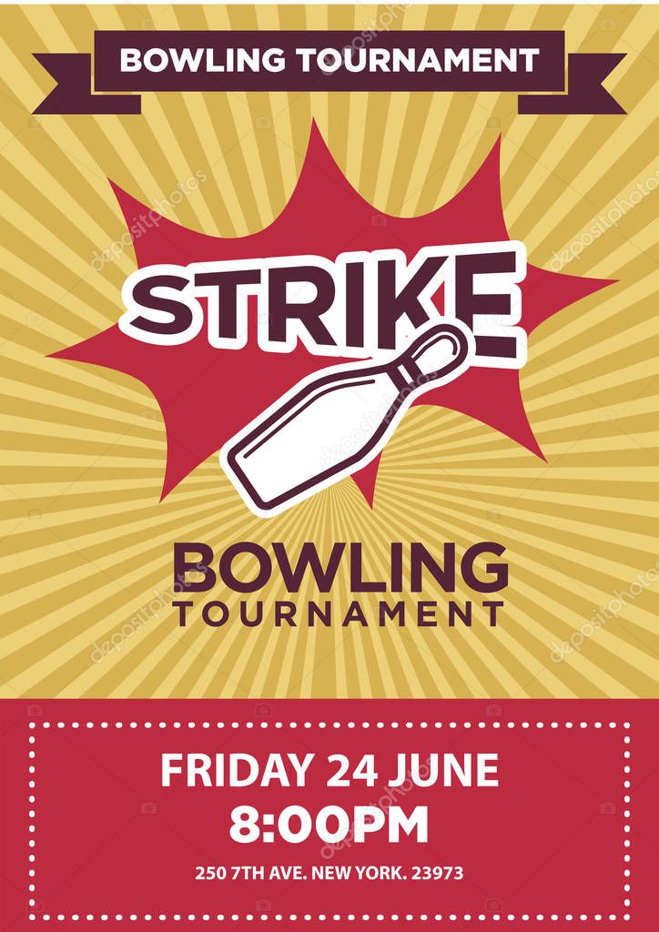 Bowling tournament poster template. Sport game contest event invitation sign or banner. Vector balls and skittle pins strike