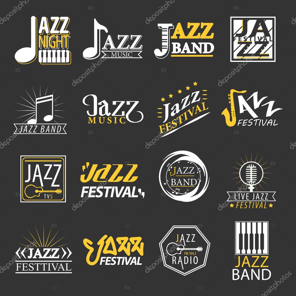 Jazz festival logos set isolated on black background. Jazz festival logotypes, advertisement emblems with musical symbols for jazz music promotion. Vector illustration of labels for jazz brand