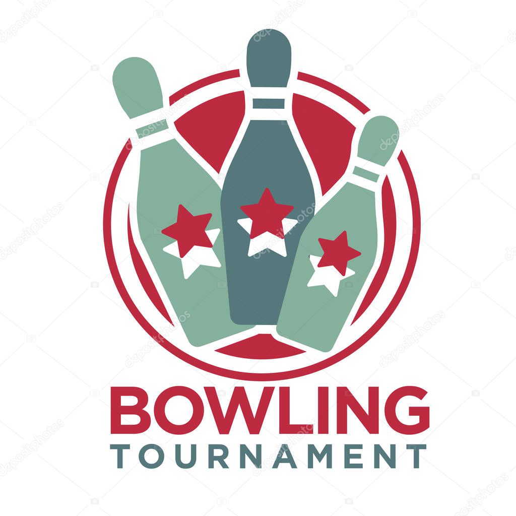 Bowling tournament poster or logo vector template of skittle pins strike for sport game contest