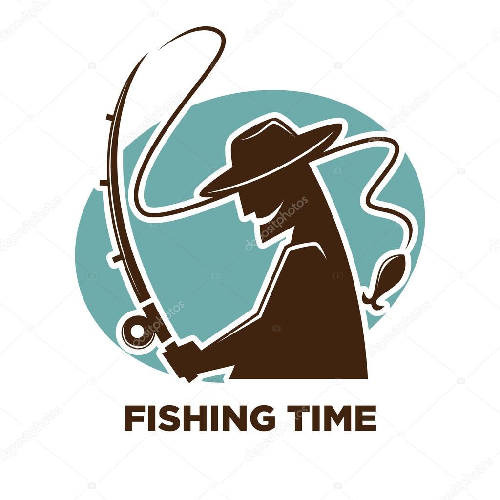 Fishing time icon for fisherman club or fishery sport resort logo template. Fisher man catching with fish rod. Vector black silhouette illustration