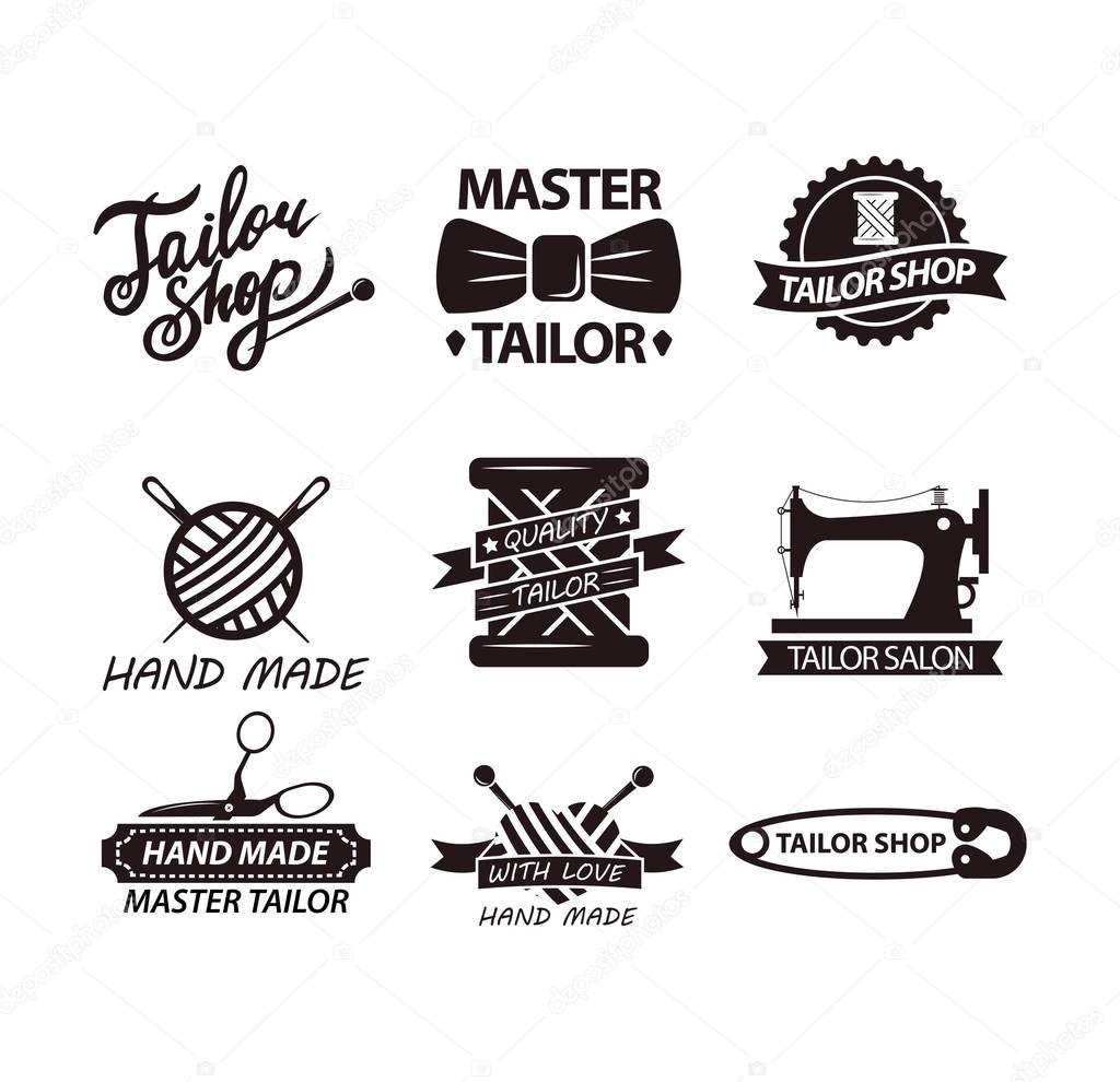 Set of logos for handmade shops. Tailor salon advertisement logotypes. Sewing stitching needlework vintage emblems. Safety pins, spool of threads in stickers design. Vector elements for knitting