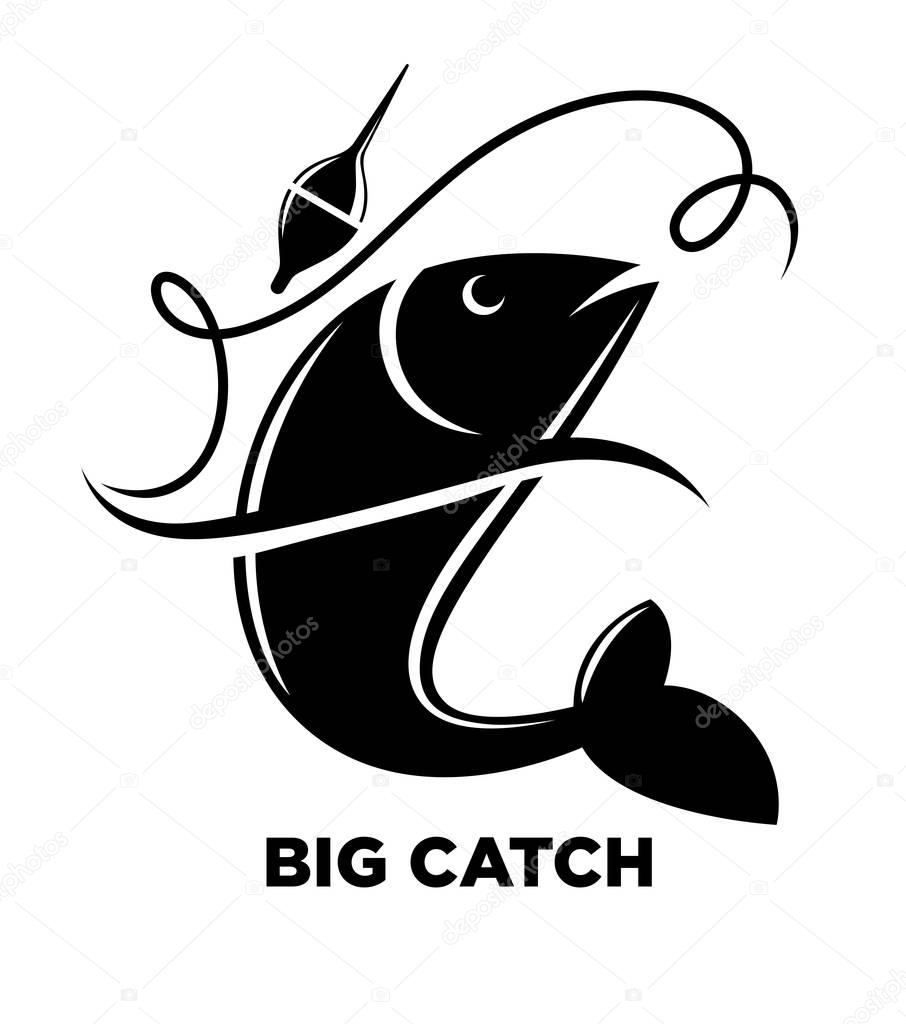Black Fishing icon of fish on hook for fisherman club or fishery sea sport adventure logo template. Fishery rod with big catch of tuna or trout. Vector illustration