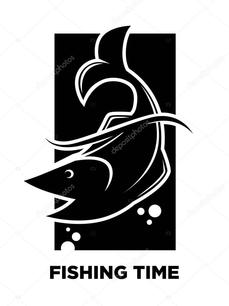 Black Fishing icon of fish on hook for fisherman club or fishery sea sport adventure logo template. Fishery rod with big catch of tuna or trout. Vector illustration