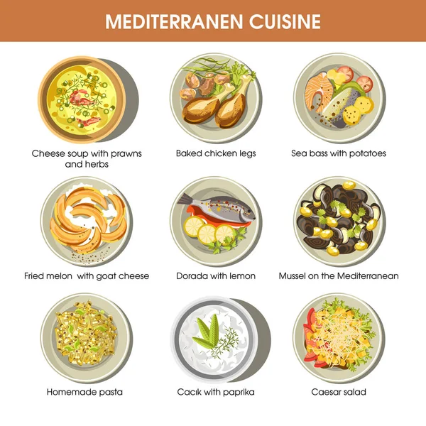 Mediterranean cuisine dishes set — Stock Vector