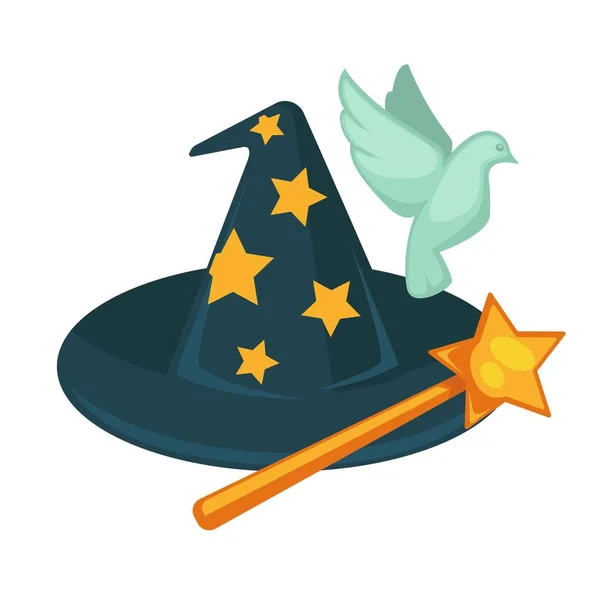 Witch hat, magic wand and dove — Stock Vector