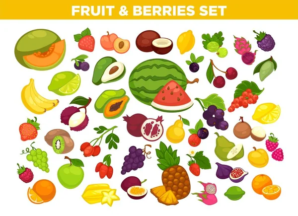 Conjunto de iconos de frutas y bayas — Vector de stock