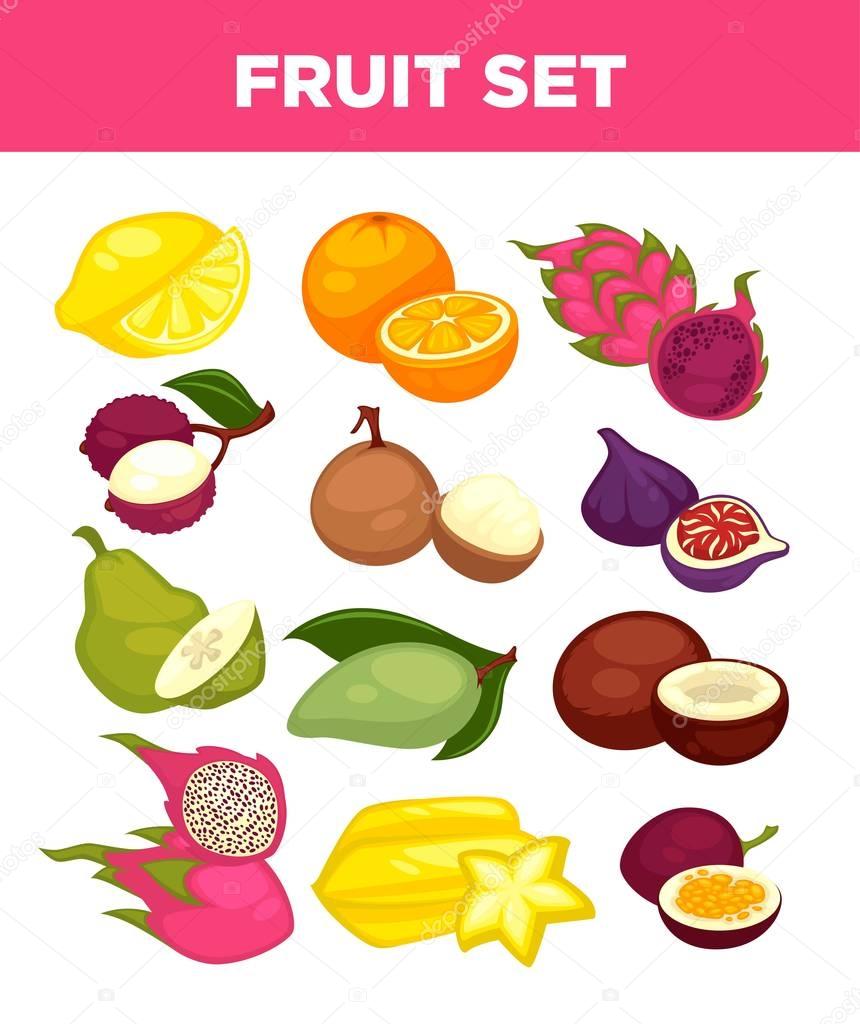 Exotic tropical fruits set