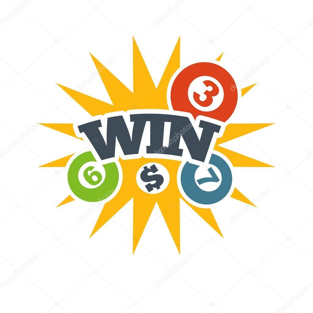Yellow win badge in lottery with bingo numbers logo on white background.