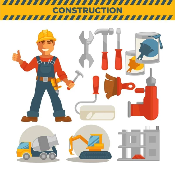 Constructor masculino y conjunto de herramientas — Vector de stock