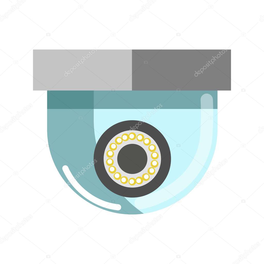 Security camera in round shape isolated on white. Vector illustration of surveillance technological device with artificial eye inside and with glass frame in inverted position for monitoring control