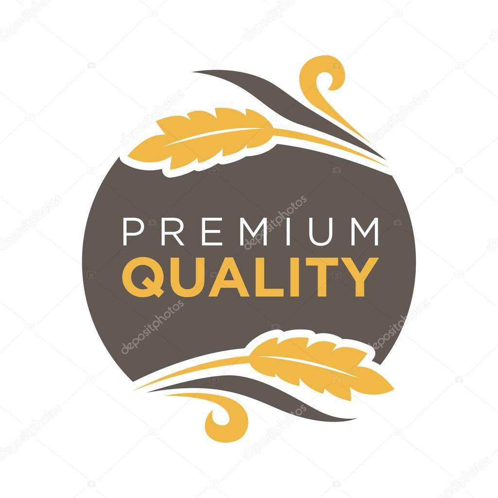 Premium quality round logo brown badge with wheat sticks around isolated on white. Vector illustration in flat design of colorful label with inscription inside. Good products template picture