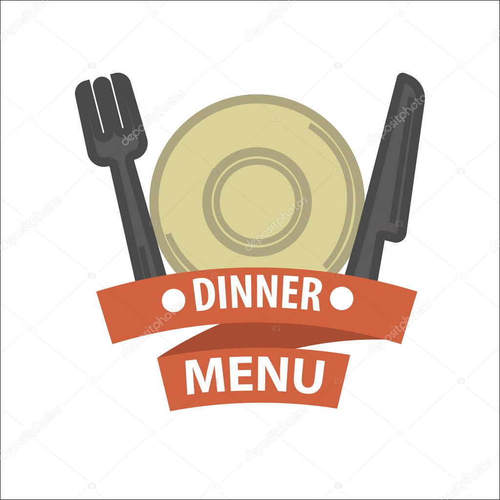 Restaurant menu template. Dish plate, fork and knife icons, vector illustration