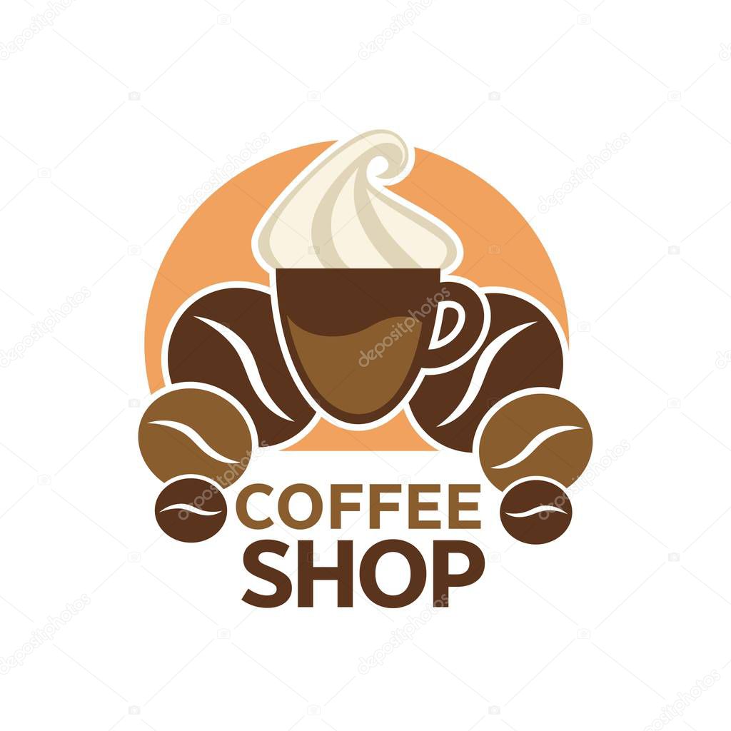 Coffeehouse logo template with coffee cup and coffee beans over white background, vector illustration