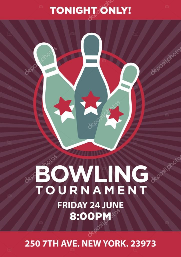 Bowling tournament poster template with date and place text, vector illustration