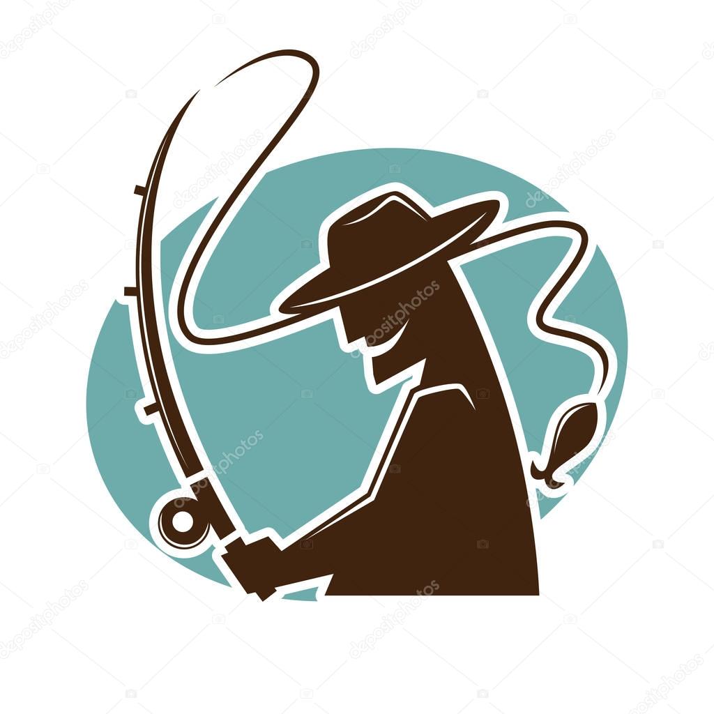 Fisher with fishing rod logo template for fishery market of sport club,  vector illustration