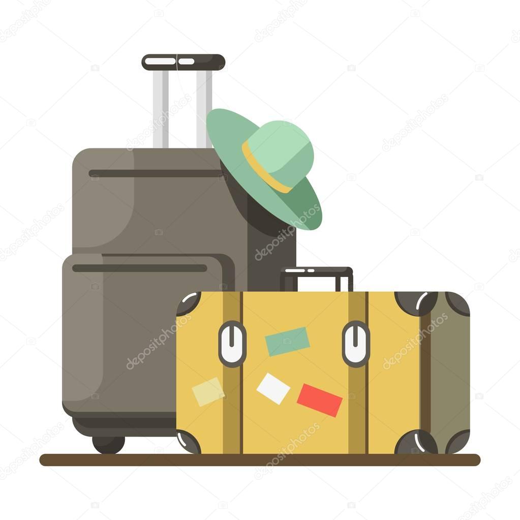 Suitcase on wheels with hat 