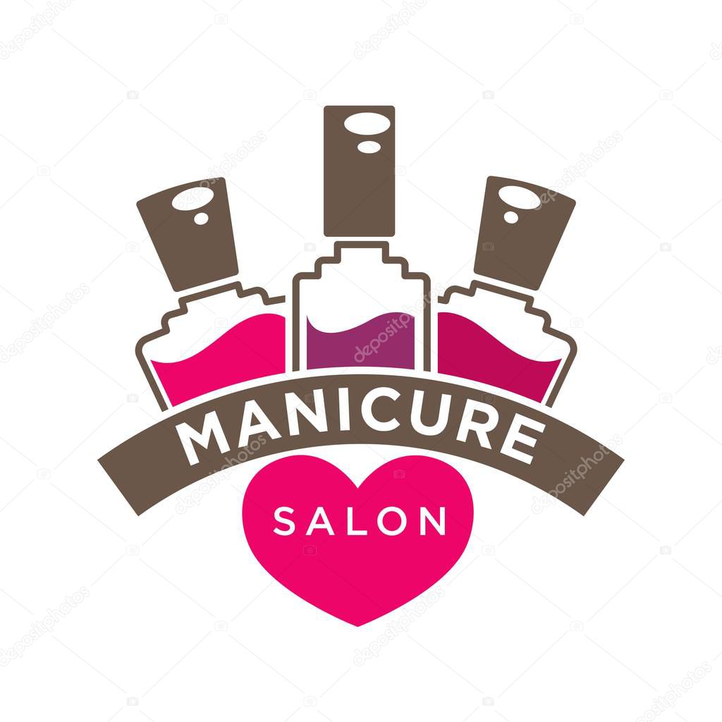 Nails design studio or manicure salon logo template. Pink nail polish bottles with caps icons