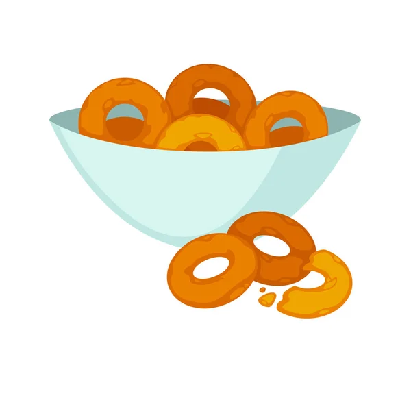 Round crispy bagels in deep plate — Stock Vector