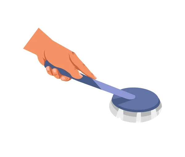 Household cleaning brush with handle in hand — Stock Vector
