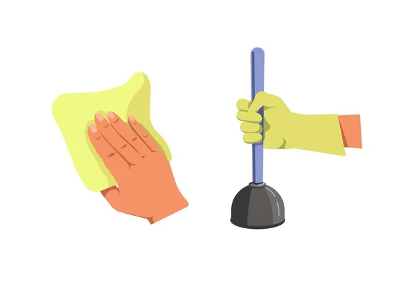 Hands holding duster for cleaning and plunger — Stock Vector