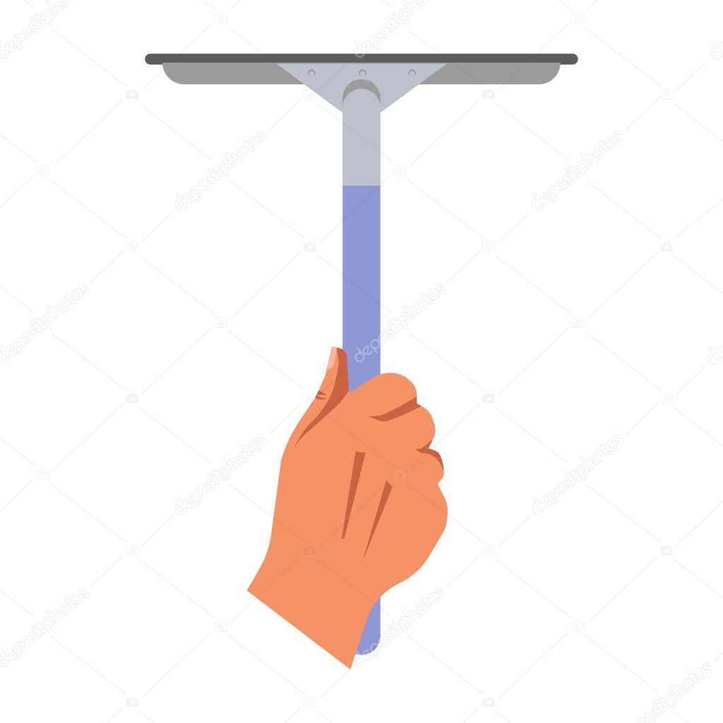 Hand holding mop for washing windows isolated on white, vector illustration