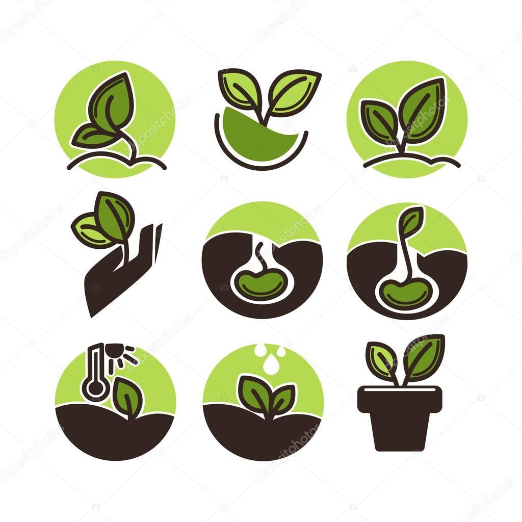 Green plants growing from seeds set of round buttons isolated on white background, vector illustration