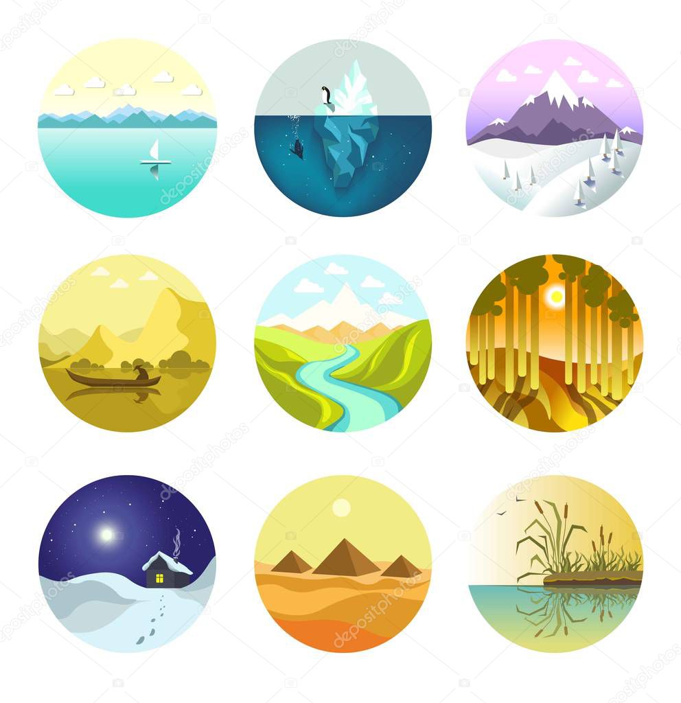 Nature landscape vector icons. Isolated set of snow mountains or alpine peaks and icebergs in ocean, river in fields, country village in winter forest and sunny valley or desert for travel journey