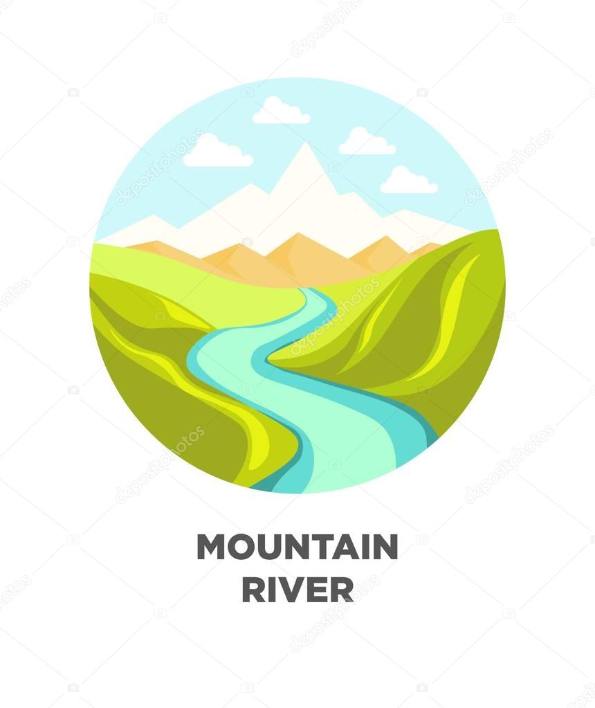 Mountain river nature landscape. Vector isolated flat icon for travel journey