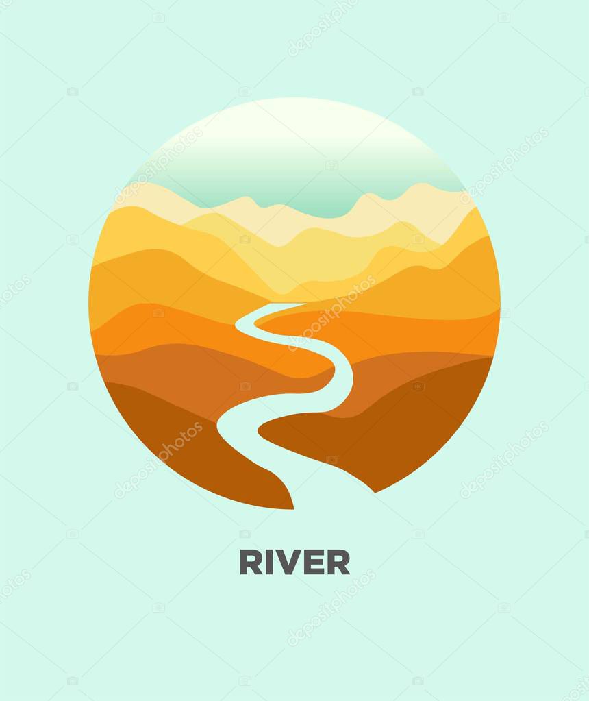 Desert river in canyon mountain nature landscape. Vector isolated flat icon for travel journey