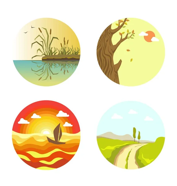 Vistas de la naturaleza en cuatro círculos — Vector de stock